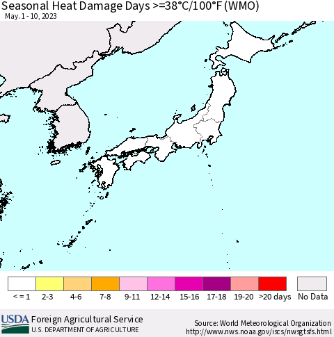 Japan Seasonal Heat Damage Days >=38°C/100°F (WMO) Thematic Map For 5/1/2023 - 5/10/2023