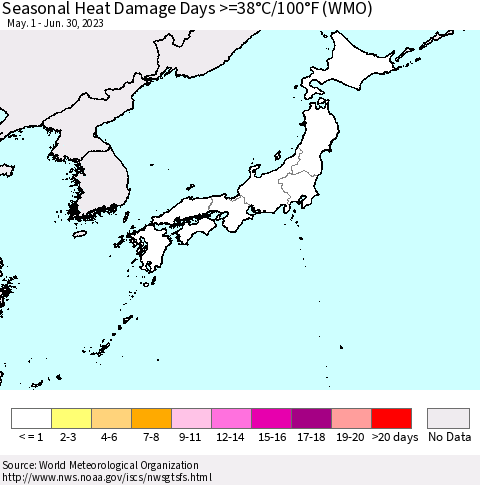 Japan Seasonal Heat Damage Days >=38°C/100°F (WMO) Thematic Map For 5/1/2023 - 6/30/2023
