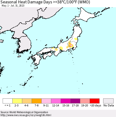 Japan Seasonal Heat Damage Days >=38°C/100°F (WMO) Thematic Map For 5/1/2023 - 7/31/2023