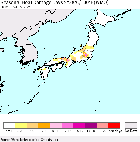 Japan Seasonal Heat Damage Days >=38°C/100°F (WMO) Thematic Map For 5/1/2023 - 8/20/2023