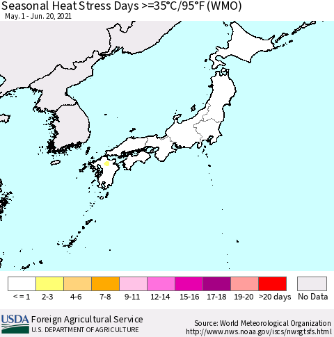 Japan Seasonal Heat Stress Days >=35°C/95°F (WMO) Thematic Map For 5/1/2021 - 6/20/2021