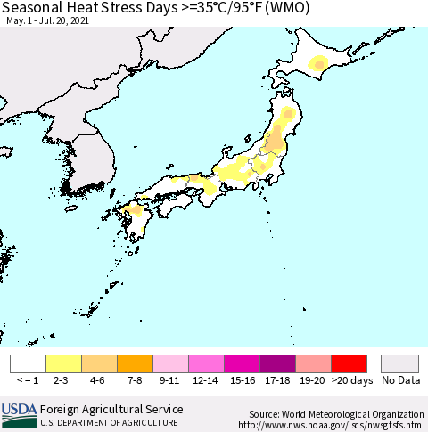 Japan Seasonal Heat Stress Days >=35°C/95°F (WMO) Thematic Map For 5/1/2021 - 7/20/2021