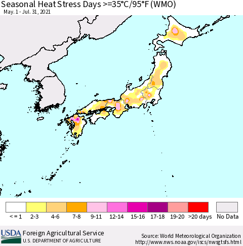 Japan Seasonal Heat Stress Days >=35°C/95°F (WMO) Thematic Map For 5/1/2021 - 7/31/2021
