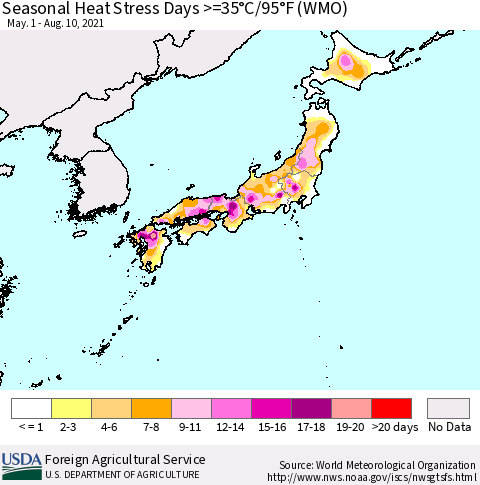 Japan Seasonal Heat Stress Days >=35°C/95°F (WMO) Thematic Map For 5/1/2021 - 8/10/2021