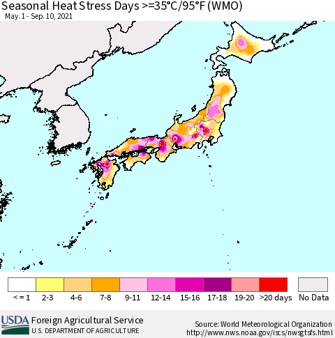 Japan Seasonal Heat Stress Days >=35°C/95°F (WMO) Thematic Map For 5/1/2021 - 9/10/2021