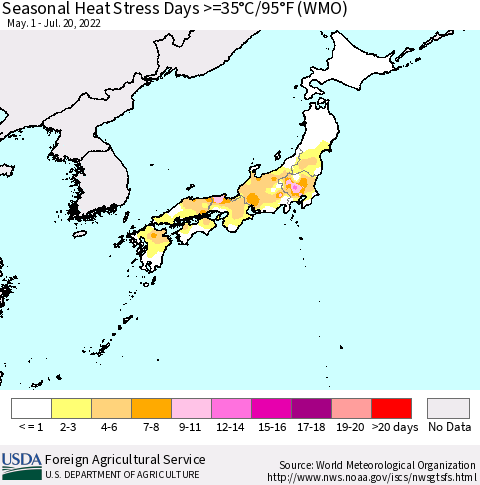 Japan Seasonal Heat Stress Days >=35°C/95°F (WMO) Thematic Map For 5/1/2022 - 7/20/2022