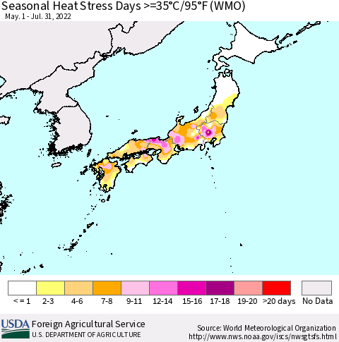 Japan Seasonal Heat Stress Days >=35°C/95°F (WMO) Thematic Map For 5/1/2022 - 7/31/2022
