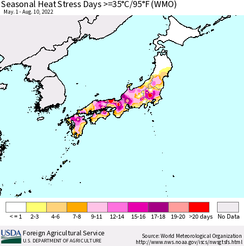 Japan Seasonal Heat Stress Days >=35°C/95°F (WMO) Thematic Map For 5/1/2022 - 8/10/2022