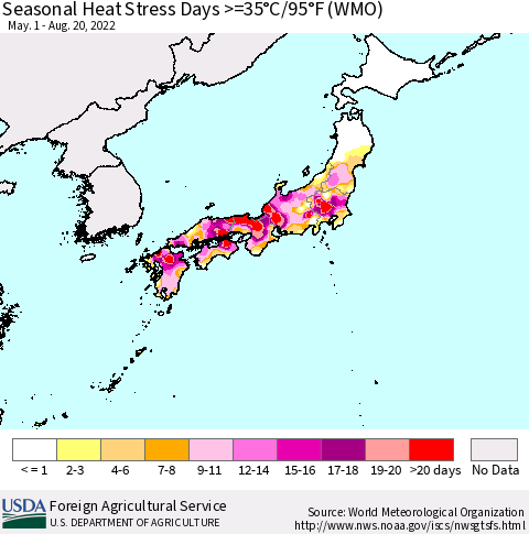 Japan Seasonal Heat Stress Days >=35°C/95°F (WMO) Thematic Map For 5/1/2022 - 8/20/2022