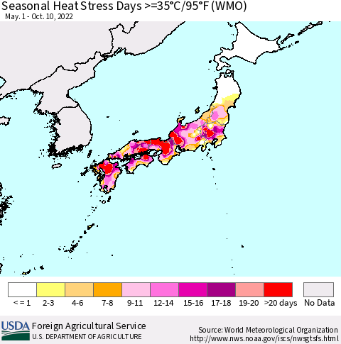 Japan Seasonal Heat Stress Days >=35°C/95°F (WMO) Thematic Map For 5/1/2022 - 10/10/2022