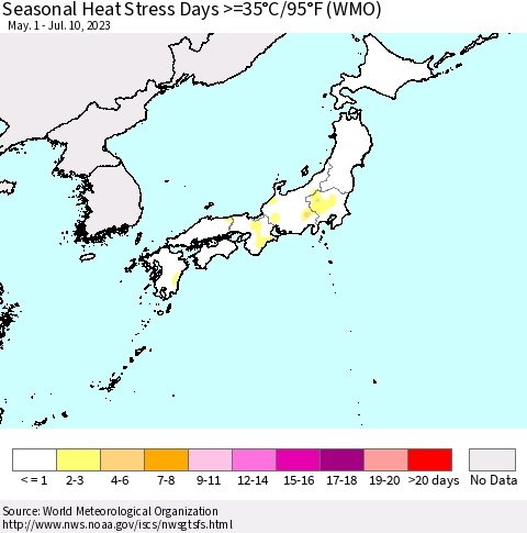 Japan Seasonal Heat Stress Days >=35°C/95°F (WMO) Thematic Map For 5/1/2023 - 7/10/2023