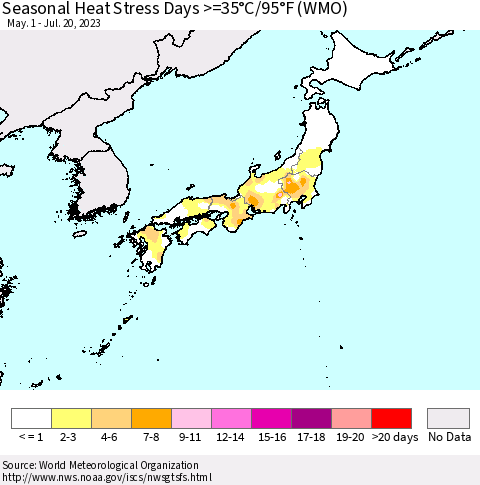 Japan Seasonal Heat Stress Days >=35°C/95°F (WMO) Thematic Map For 5/1/2023 - 7/20/2023