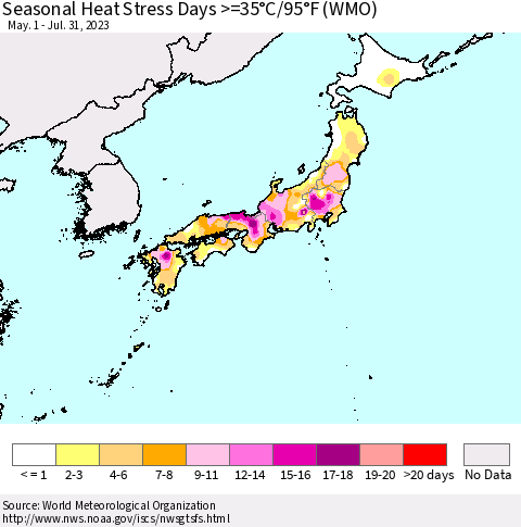 Japan Seasonal Heat Stress Days >=35°C/95°F (WMO) Thematic Map For 5/1/2023 - 7/31/2023