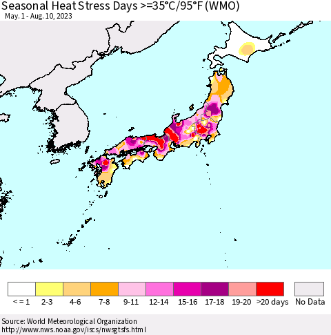 Japan Seasonal Heat Stress Days >=35°C/95°F (WMO) Thematic Map For 5/1/2023 - 8/10/2023