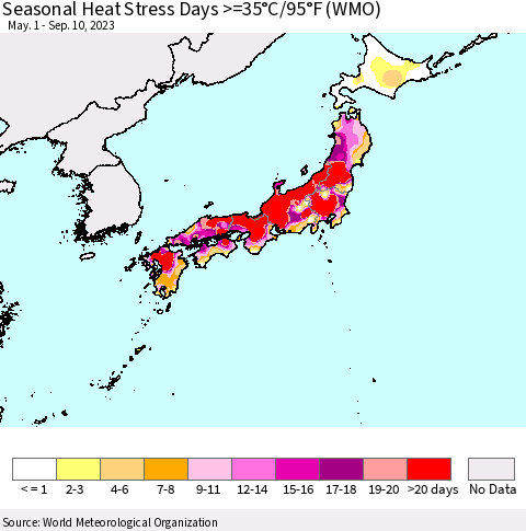 Japan Seasonal Heat Stress Days >=35°C/95°F (WMO) Thematic Map For 5/1/2023 - 9/10/2023