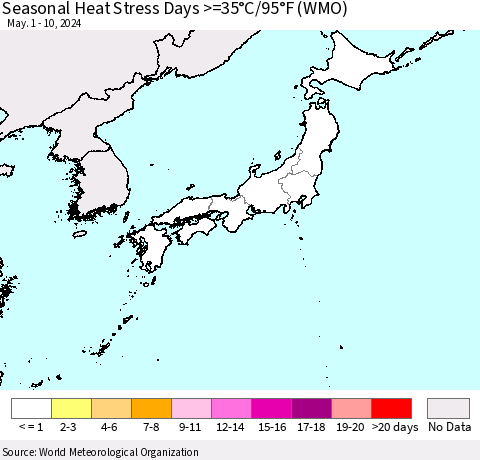 Japan Seasonal Heat Stress Days >=35°C/95°F (WMO) Thematic Map For 5/1/2024 - 5/10/2024