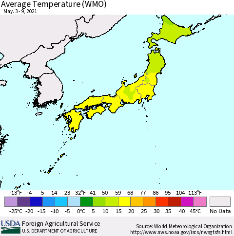Japan Average Temperature (WMO) Thematic Map For 5/3/2021 - 5/9/2021
