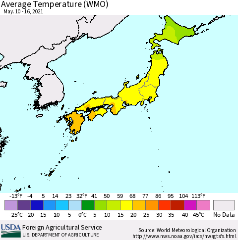Japan Average Temperature (WMO) Thematic Map For 5/10/2021 - 5/16/2021
