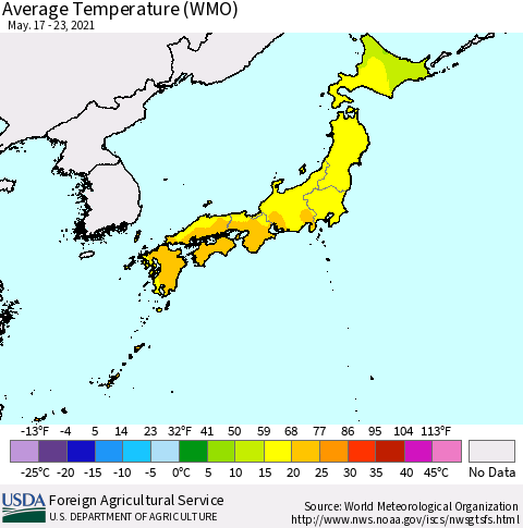 Japan Average Temperature (WMO) Thematic Map For 5/17/2021 - 5/23/2021