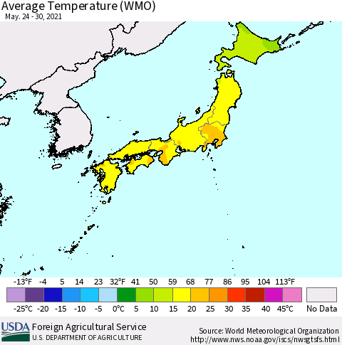 Japan Average Temperature (WMO) Thematic Map For 5/24/2021 - 5/30/2021