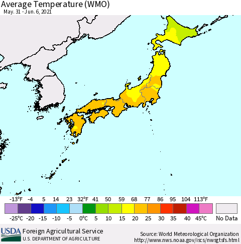 Japan Average Temperature (WMO) Thematic Map For 5/31/2021 - 6/6/2021