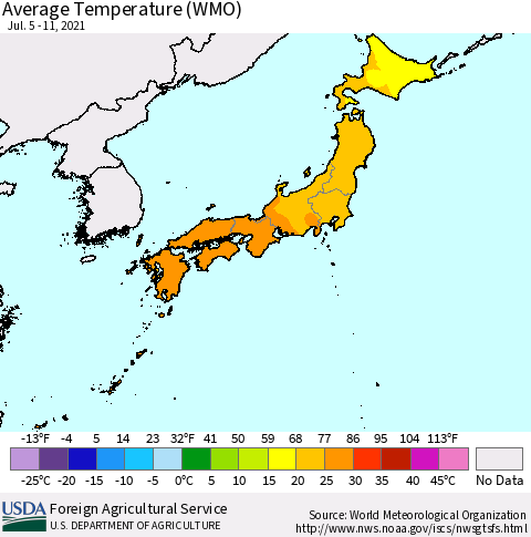 Japan Average Temperature (WMO) Thematic Map For 7/5/2021 - 7/11/2021