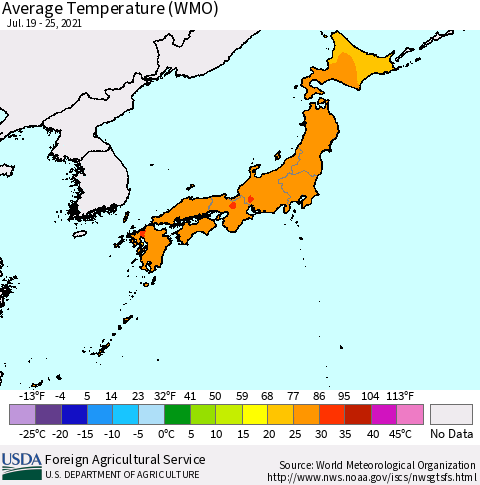 Japan Average Temperature (WMO) Thematic Map For 7/19/2021 - 7/25/2021