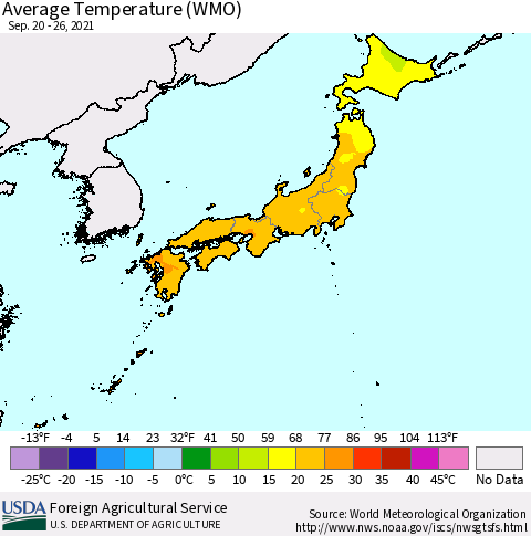 Japan Average Temperature (WMO) Thematic Map For 9/20/2021 - 9/26/2021