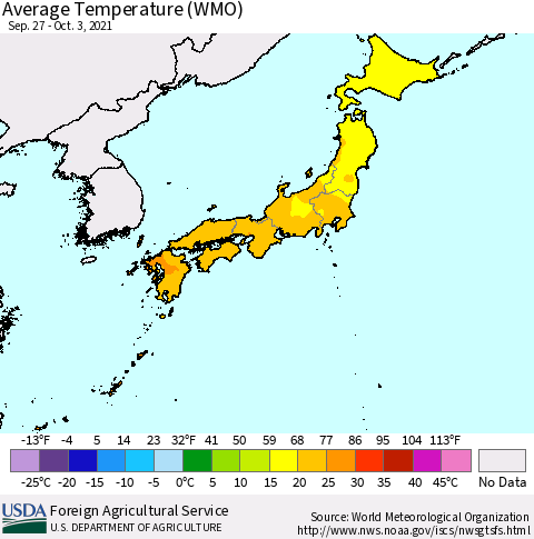 Japan Average Temperature (WMO) Thematic Map For 9/27/2021 - 10/3/2021