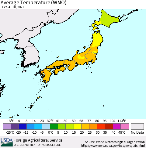 Japan Average Temperature (WMO) Thematic Map For 10/4/2021 - 10/10/2021