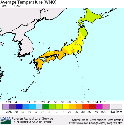 Japan Average Temperature (WMO) Thematic Map For 10/11/2021 - 10/17/2021