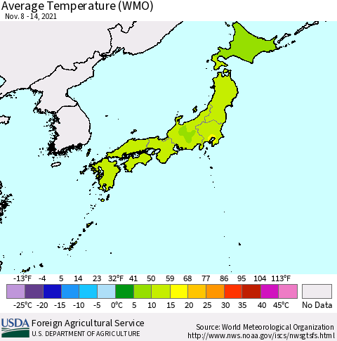 Japan Average Temperature (WMO) Thematic Map For 11/8/2021 - 11/14/2021