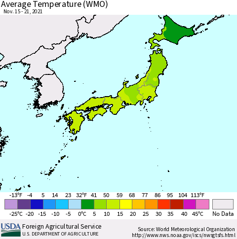 Japan Average Temperature (WMO) Thematic Map For 11/15/2021 - 11/21/2021
