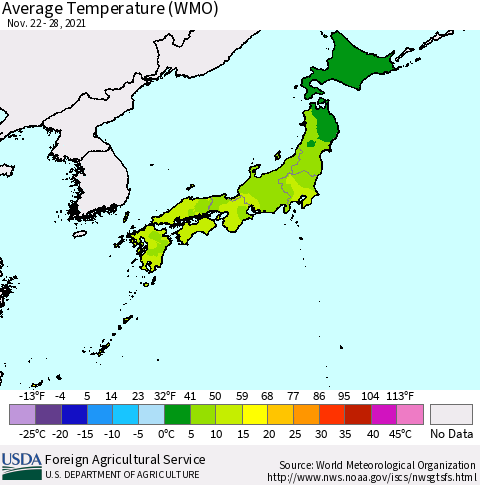 Japan Average Temperature (WMO) Thematic Map For 11/22/2021 - 11/28/2021