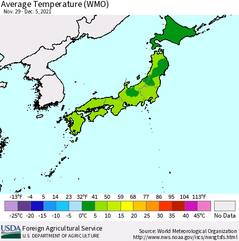 Japan Average Temperature (WMO) Thematic Map For 11/29/2021 - 12/5/2021