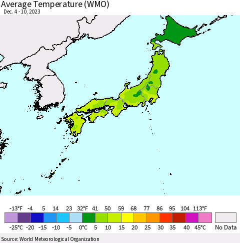 Japan Average Temperature (WMO) Thematic Map For 12/4/2023 - 12/10/2023