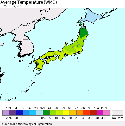 Japan Average Temperature (WMO) Thematic Map For 12/11/2023 - 12/17/2023