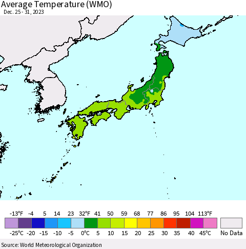 Japan Average Temperature (WMO) Thematic Map For 12/25/2023 - 12/31/2023