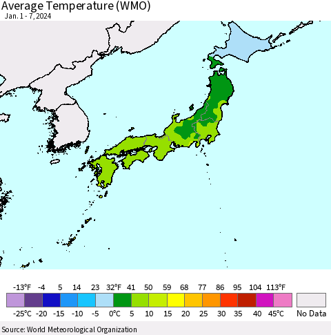 Japan Average Temperature (WMO) Thematic Map For 1/1/2024 - 1/7/2024