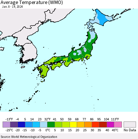 Japan Average Temperature (WMO) Thematic Map For 1/8/2024 - 1/14/2024