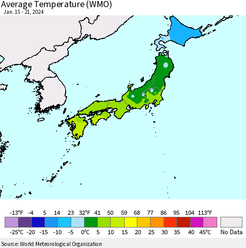 Japan Average Temperature (WMO) Thematic Map For 1/15/2024 - 1/21/2024