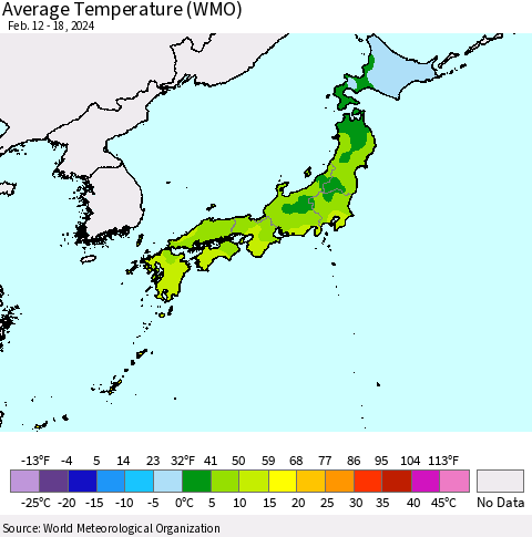 Japan Average Temperature (WMO) Thematic Map For 2/12/2024 - 2/18/2024
