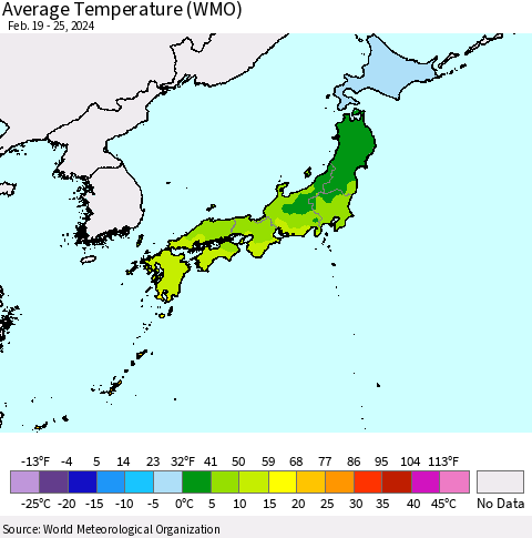 Japan Average Temperature (WMO) Thematic Map For 2/19/2024 - 2/25/2024