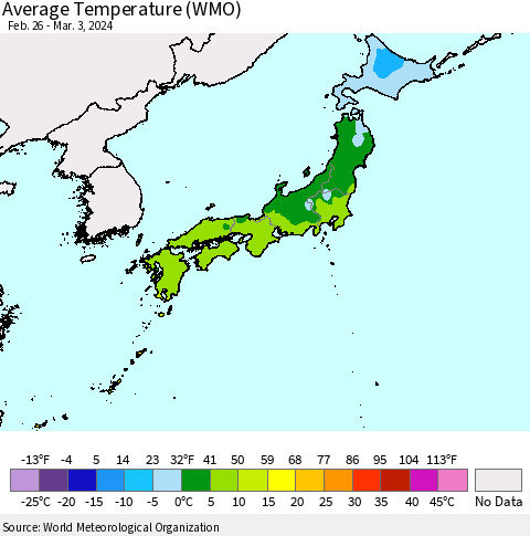 Japan Average Temperature (WMO) Thematic Map For 2/26/2024 - 3/3/2024