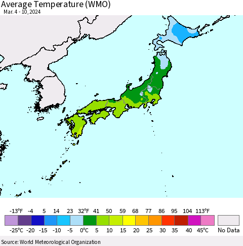 Japan Average Temperature (WMO) Thematic Map For 3/4/2024 - 3/10/2024