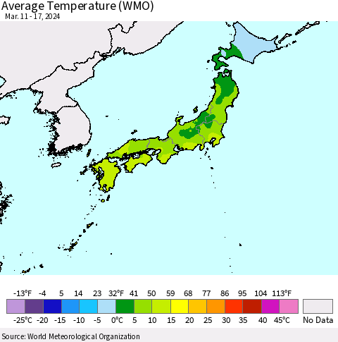 Japan Average Temperature (WMO) Thematic Map For 3/11/2024 - 3/17/2024