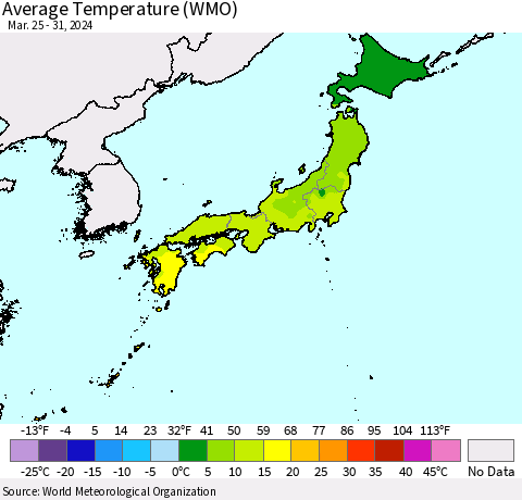 Japan Average Temperature (WMO) Thematic Map For 3/25/2024 - 3/31/2024