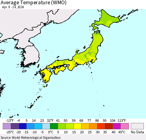 Japan Average Temperature (WMO) Thematic Map For 4/8/2024 - 4/14/2024