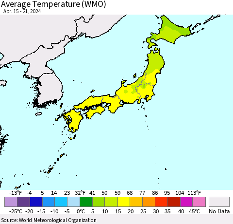 Japan Average Temperature (WMO) Thematic Map For 4/15/2024 - 4/21/2024