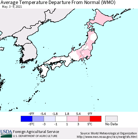 Japan Average Temperature Departure from Normal (WMO) Thematic Map For 5/3/2021 - 5/9/2021